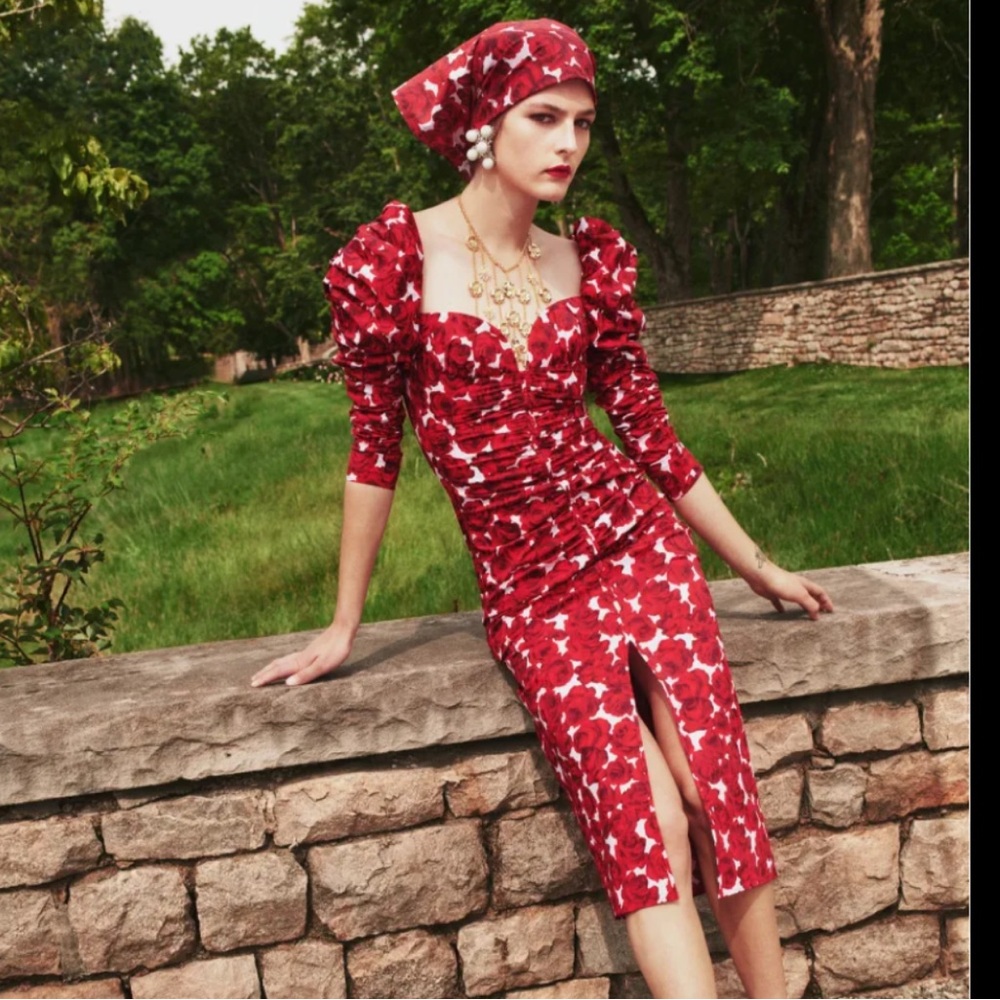 Carolina Herrera Rose-Print Puff-Sleeve Ruched Midi Dress